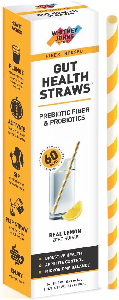 Whitney Johns Gut Straws with Probiotics for Digestive Health – 60 Billion CFUs – Supports Gut Health &amp Nutrient Absorption – Fiber Infused Drinking Straws with Prebiotics Lemon Flavor 14 Count