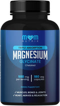 MOM Nutrix Magnesium Glycinate - 500 mg Chelated Triple Absorption Magnesium - Heart Bones Joints Support - Calm &amp Relax- 180 Capsules