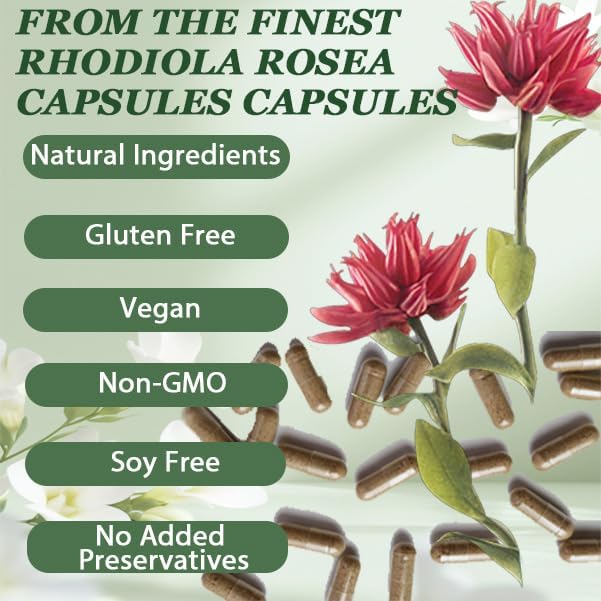 Floraviva Rhodiola Rosea Capsules Natural Adaptogenic Herb 500mg Organic Rhodiola Rosea Extract Supplement for Stress Support Balance Energy Immune Function Non-GMO 60 Vegan Capsules