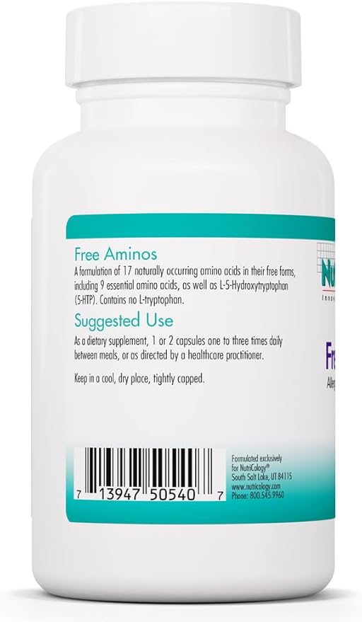 Nutricology Free Aminos Supplement - Essential Amino Acids Complex Lean Muscle Mass Support Vegetarian Capsules - 100 Count