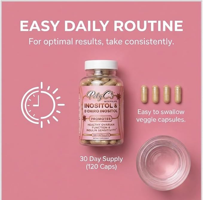 POLYC'S Inositol Supplement for Women - Myo-Inositol &amp D-Chiro Inositol Capsules 40:1 Ratio Hormone Balance Aid and Women's Menstrual Health Ovarian &amp Ovulation Support Vegan 120 Capsules