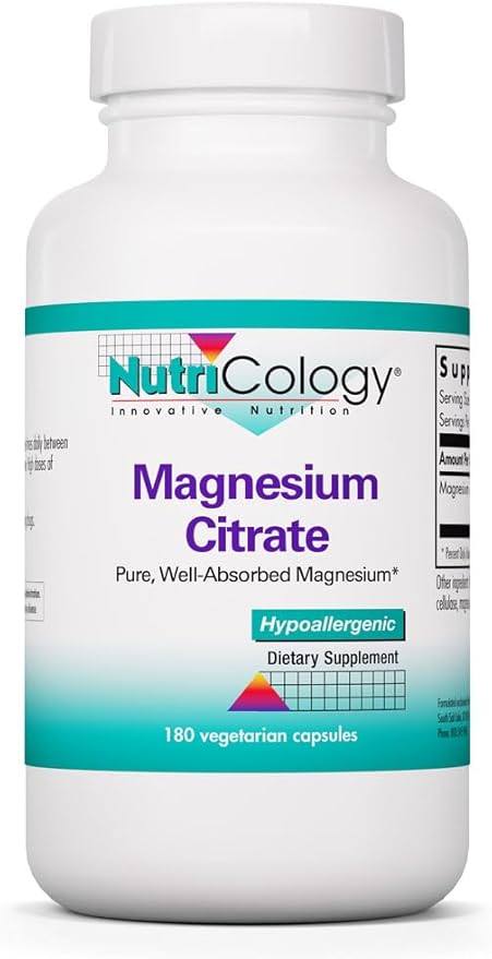 NutriCology Magnesium Citrate - Bioavailable Chelated Magnesium - Nervous System &amp Muscle Support - Vegetarian Capsules - Hypoallergenic Formula - 180 Servings - 180 Count