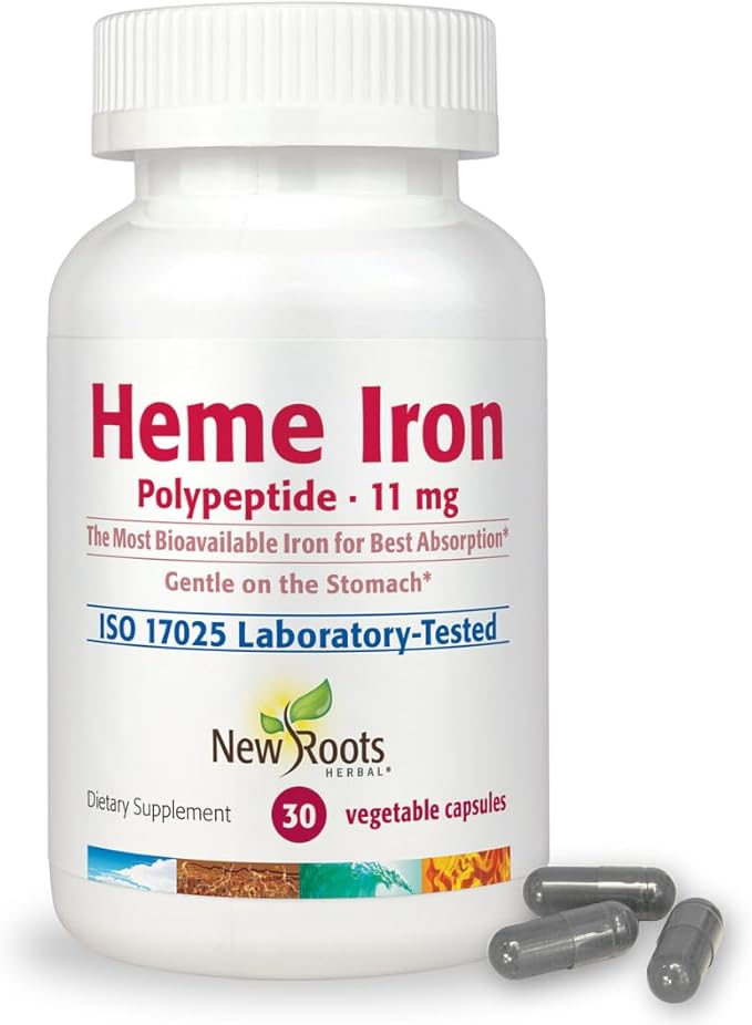 NEW ROOTS HERBAL Heme Iron Supplement | 4-in-1 Formula with Vitamin C B12 Folate for Best Absorption | Raise Hemoglobin &amp Ferritin for Women &amp Men Low-FODMAP (30 Capsules)