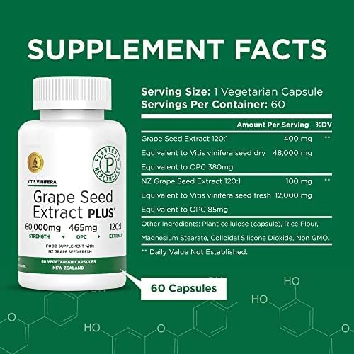 Grape Seed Extract Plus-Vitis Vinifera (60 Capsules)-60000 mg Strength 60 Vegan Capsules 465mg Polyphenols (Proanthocyanidins) Potent 120:1 2 Month Supply Non-GMO and All-Natural
