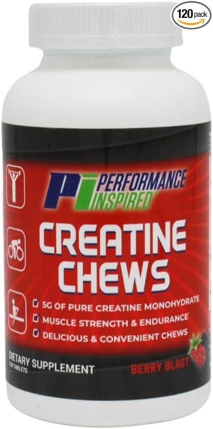 PERFORMANCE INSPIRED Nutrition Creatine Chew – 5g Creatine Monohydrate – Supports Muscle Growth &amp Recovery – Berry Blast Flavor – 120 Count