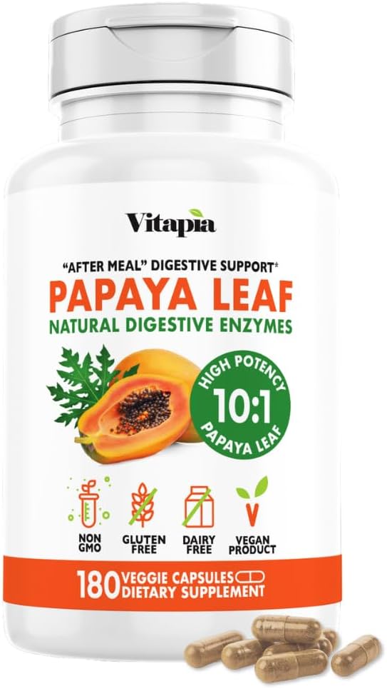 Papaya Leaf 10:1 Extract - Natural Digestive Enzymes for Digestion Bloating Relief Immune Support - 1500mg Per Serving - 180 Veggie Capsules - Non-GMO Gluten-Free Vegan-Friendly Supplement