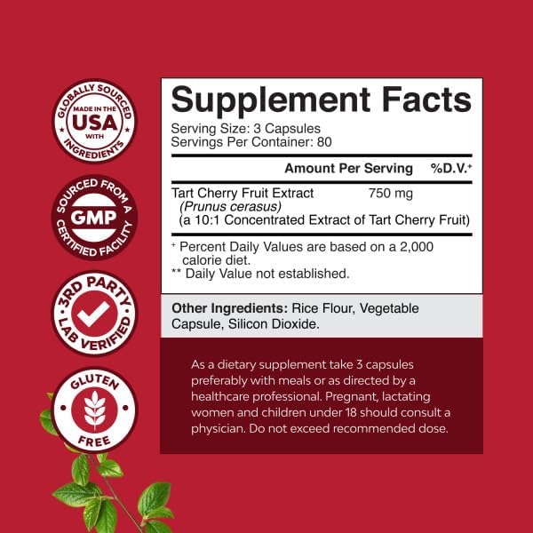 Natures Craft Extra Strength Tart Cherry Capsules - Tart Cherry Extract Capsules for Uric Acid Cleanse for Kidney Support - Fruit Extract Supplement for Urinary Tract Health &amp Joint Support - 240