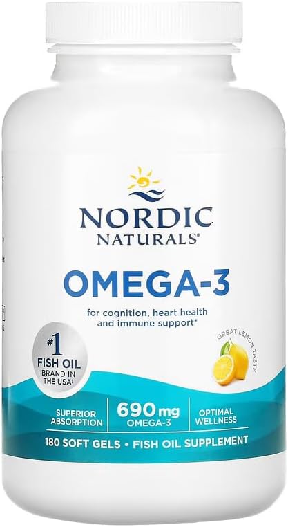 Nordic Naturals Omega-3 Lemon Flavor - 180 Soft Gels - 690 mg Omega-3 - Fish Oil - EPA &amp DHA - Immune Support Brain &amp Heart Health Optimal Wellness - Non-GMO - 90 Servings