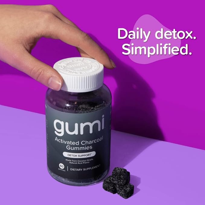 Gumi Nutrition Coconut Activated Charcoal Gummies - Charcoal Supplements for Detox Oral Health &amp Gut Health - 200mg Gummy Vitamin - Gluten Free Vegan &amp Non GMO - Natural Açaí Flavor (60 Coun