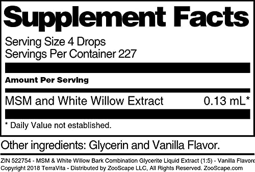 MSM &amp White Willow Bark Combination Glycerite Liquid Extract (1:5) - Vanilla Flavored (1 oz ZIN: 522754)