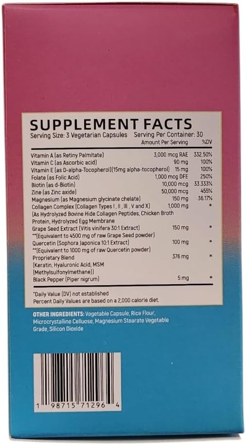 Collagen Peptides Types I II III V &amp X 64000 MCG 14 in 1 Biotin Keratin Hyaluronic Acid Magnesium MSM Grape Seed Vitamin A C &amp E Black Pepper Quercetin Folate Zinc (90 Veggie C
