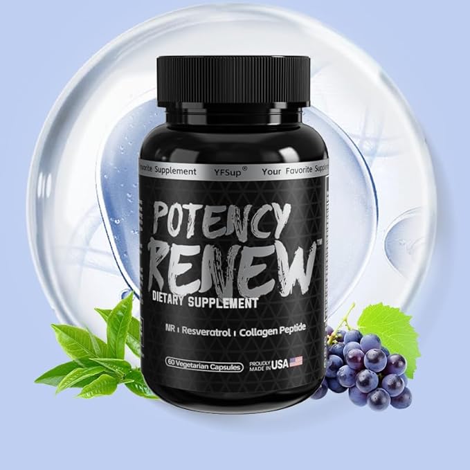 Potency Renew Anti Aging Blend Advanced NAD+ and stem Cell Booster Supplement Rhodiola Rosea Resveratrol Hyaluronic Acid Collagen Peptides NR Grape Seed and Green Tea Extract