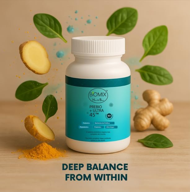 BIOMIX HEALTH &amp BEAUTY PREBIO+ Ultra 45 Vegan Probiotic 45 Billones CFU con Prebióticos Cúrcuma y Jengibre Cápsulas de Liberación Retardada DRcaps Sin Gluten 60 Capsules