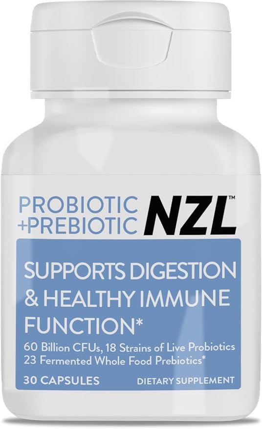 NZL Probiotic + Prebiotic Capsules Once Daily 60 Billion CFUs Digestive Health for Men and Women 18 Strains Shelf Stable With Fermented Wholefoods Prebiotic &amp Fibre 60 caps 1 Month Supply