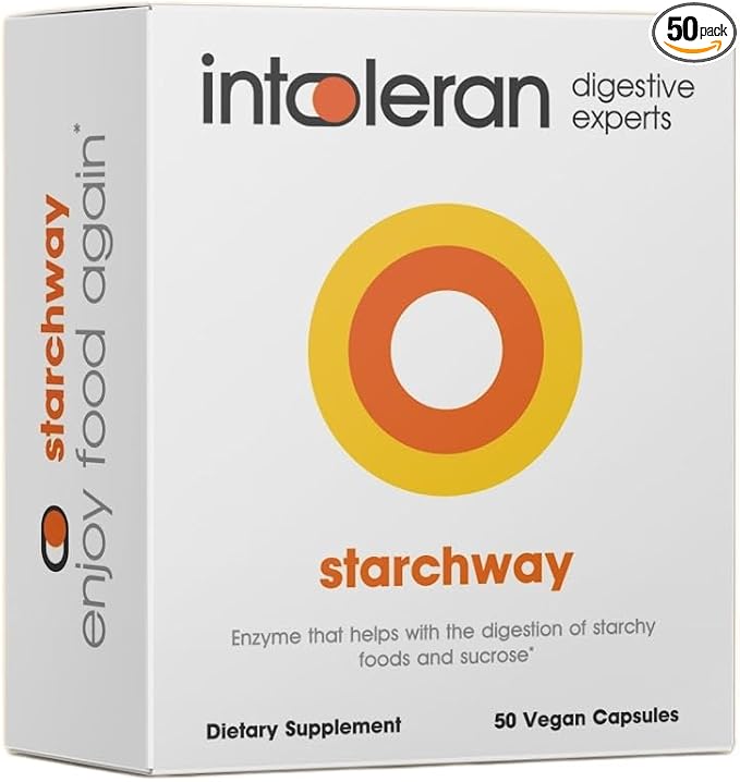 Intoleran Starchway Digestive Enzymes - 50 Capsules Supplement for Starch &amp Sucrose | Helps Digest Sugars &amp Starchy Foods | Invertase &amp Gluco-Amylase Enzymes | Pure &amp Vegan | Low FODMA