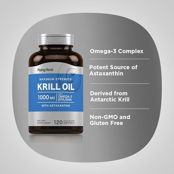 Piping Rock Krill Oil Omega 3 Softgel Capsules | 1000mg | 120 Count | EPA DHA Supplement with Astaxanthin | Maximum Strength | Non-GMO Gluten Free