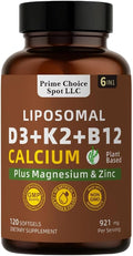 Vitamin D3 K2 B12 with Calcium Magnesium Zinc – 6-in-1 Bone &amp Muscle Support Complex | High Potency D3 5000 IU + K2 MK7 for Calcium Absorption Mobility &amp Energy | Non-GMO 120 Softgels