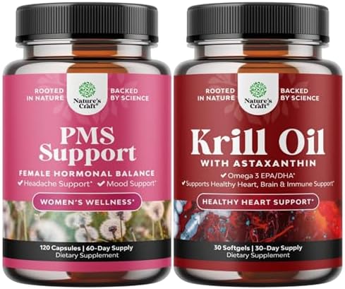 Bundle of PMS Support Supplement for Women with DIM Chasteberry Black Cohosh &amp Ashwagandha and Krill Omega 3 Fish Oil Softgels 500mg - Concentrated Krill EPA &amp DHA - Burpless Fatty Acids Sup