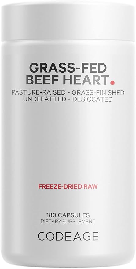 Codeage Grass Fed Beef Heart Supplement - Freeze Dried Non-Defatted Desiccated Glandular Supplements - Bovine Meat &amp Liver Pills - Beef Vitamins for Heart - Non-GMO -180 Capsules
