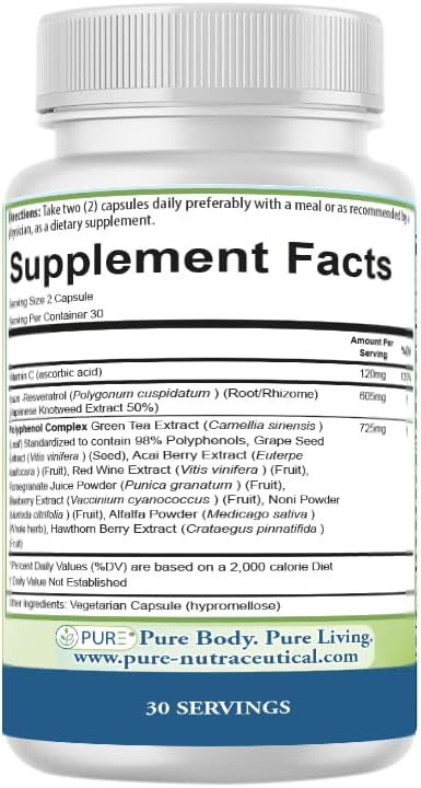 PURE® Resveratrol+ 605mg Trans-Resveratrol - 60 Capsules Anti-Aging &amp Longevity Supplement - 725mg Polyphenol Complex with Green Tea Grape Seed &amp Red Wine Extract - Heart Health &amp Antioxi
