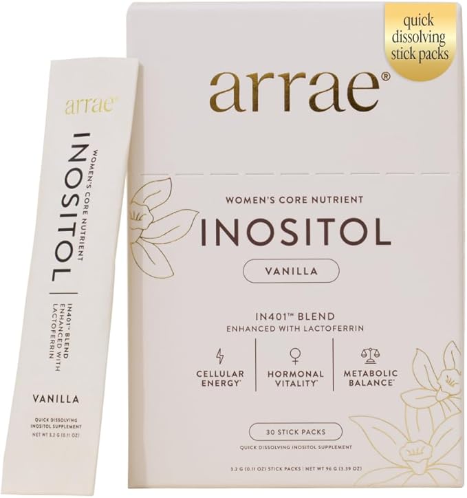 Arrae Inositol Supplement for Women - Supports Healthy Hormonal Balance Regular Cycles &amp Ovarian Health - 40:1 Myo &amp D-Chiro Raton with Lactoferrin &amp Folate - Vanilla Flavor - 30 Pack