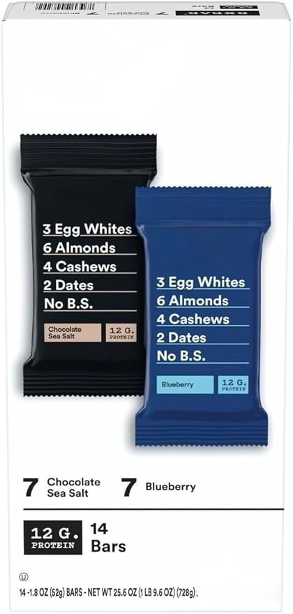 RX Barrs Protein Bars Variety Pack Chocolate Sea Salt and Blueberry Flavors 14 Count 12g Protein No BS Gluten Free Made with Egg Whites Almonds Cashews Dates