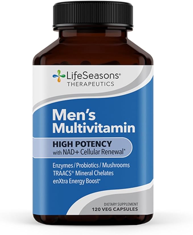 LifeSeasons Men's Multivitamin – High Potency with 21 Vitamins &amp Minerals PureWay-C® NAD+ Active B-Vitamins TRAACS® Chelates enXtra® for Energy Probiotics &amp Mushrooms – 120 Veg Capsules
