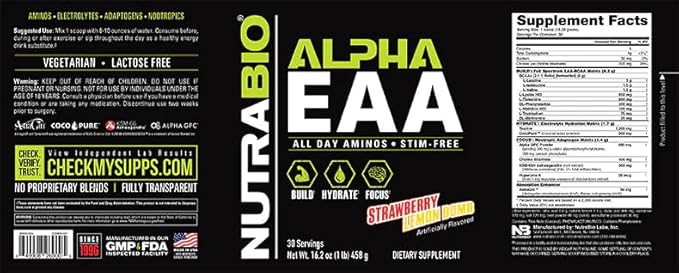 NutraBio Alpha EAA - All-Day Amino Acids for Muscle Growth and Hydration - Essential Amino Acids with Nootropics &amp Adaptogens- Full Spectrum EAA BCAA Powder - 30 Servings - Strawberry Lemon