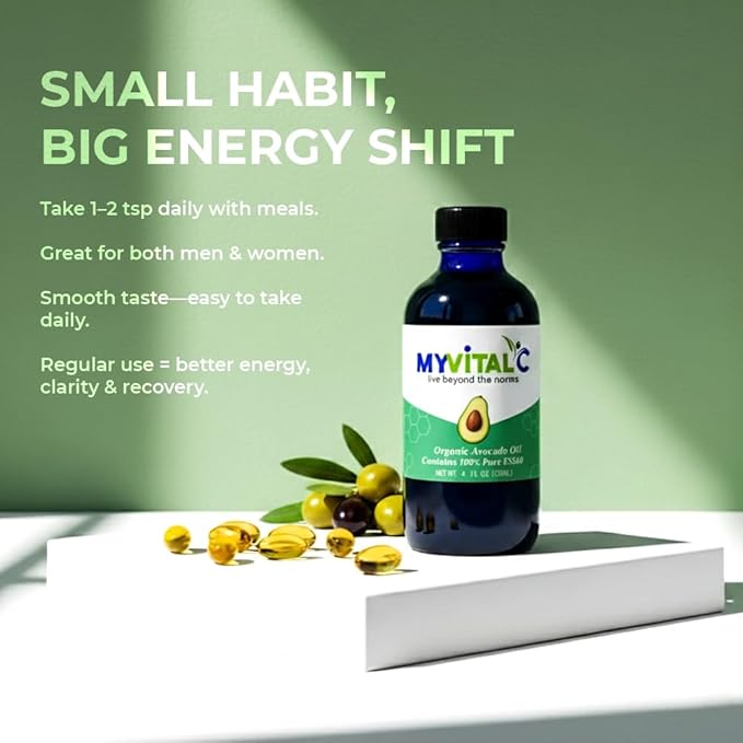MyVitalC Organic Avocado Oil - Pure ESS60 Antioxidant Supplement - May Help With Anti-Aging Longevity Sleep More Energy - Performance - 120ML