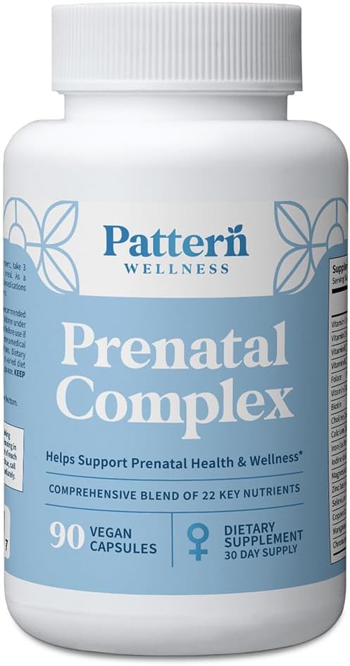 Pattern Wellness Prenatal Complex for Women – Prenatal Vitamin with DHA Folate Iron Probiotics &amp Biotin – Support from Preconception to Postpartum - 90 Capsules