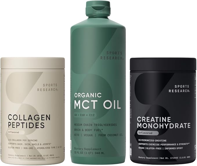 Sports Research® Supplements Pack - Organic MCT Oil C8 C10 C12 + Hydrolyzed Type 1 &amp 3 Collagen Powder Protein + Creatine Monohydrate