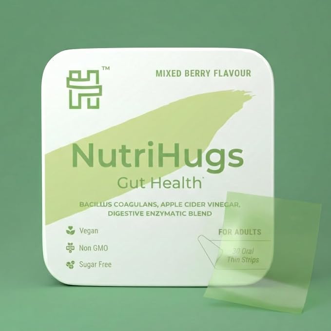 NutriHugs Gut Health Probiotic Oral Strips - Bacillus Coagulans Apple Cider Vinegar Digestive Enzymes | Vegan Sugar-Free Non-GMO | Doctor-Formulated | 30 Dissolving Strips