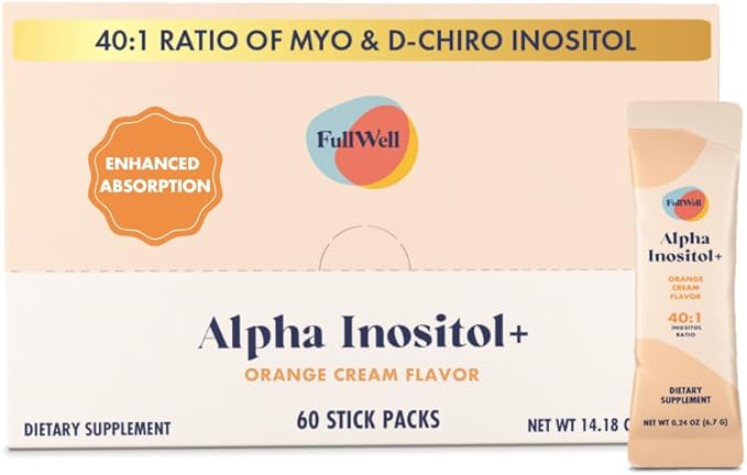FullWell Alpha Inositol+ Stick Packs - Hormonal Ovarian &amp Metabolic Aid - 40:1 Myo-inositol to D-Chiro-inositol - Orange Cream - 60 Count (30 Servings)