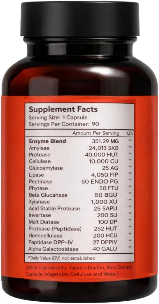 Solluna by Kimberly Snyder Digestive Enzymes Lipase Amylase Protease Alpha-Galactosidase Cellulase for Digestive Health Nutrient Absorption Stomach Pain Gas &amp Bloating (90CT) Vegan &amp No