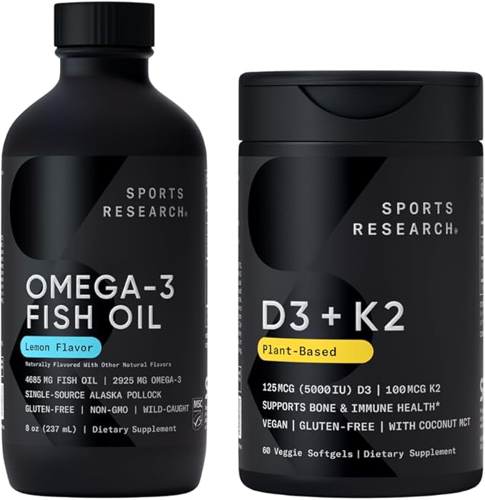 Sports Research® Ultra-Potent Liquid Omega-3 Fish Oil (8 oz) + Vegan Vitamin D 5000iu &amp Mk7 Vitamin K 100mcg (60 Softgels)