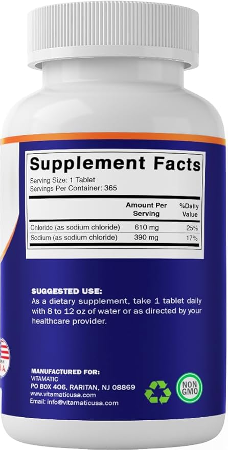 Vitamatic Sodium Chloride 1000mg – 365 Tablets Electrolyte Replenisher &amp Hydration Support – Non-GMO Gluten-Free -3 Bottles