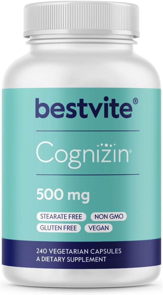 BESTVITE Cognizin Citicoline 500mg (240 Vegetarian Capsules) (Value Size) - Clinically Studied Premium Choline Nootropic - No Stearates - Vegan - Gluten Free - Brain Supplements for Memory and Focus