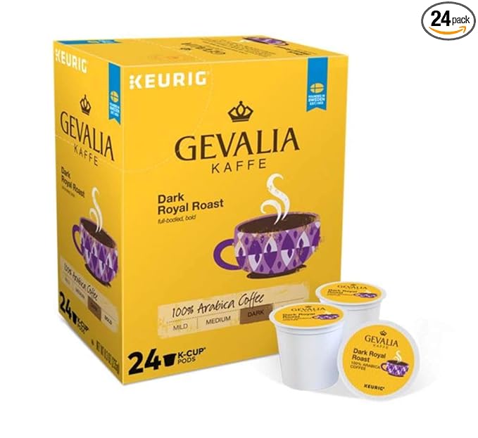 Keurig Coffee Pods K-Cups 16 / 18 / 22 / 24 Count Capsules ALL FLAVORS (24 Pods Gevalia Kaffe - Dark Royal Roast)