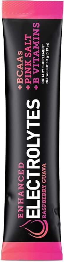 Enhanced Electrolyte Powder Stick Packs (Raspberry Guava | 20 Packets) w/ 0 Sugar +BCAAs +B-Vitamins Electrolyte Supplement w Potassium Zinc &amp Magnesium for Hydration - Keto Electrolytes