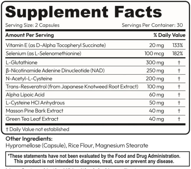 GlutaNAD+ Brightening &amp Longevity Support L-Glutathione &amp NAD+ Antioxidant Complex Skin Glow Cellular Energy &amp Healthy Aging 60 Vegan Capsules NAD Plus
