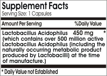 Natural Acidophilus 450mg - 500 Million Live Active Cultures/No Refrigeration // 100 Capsules // Pure // by PureControl Supplements