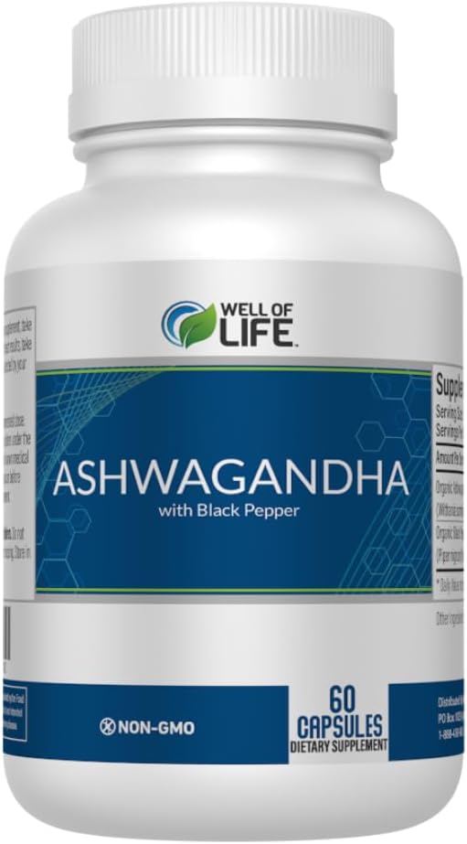 Well of Life Ashwagandha Supplements 1300mg Per Serving – with Black Pepper Extract for Calm Focus &amp Sleep Support | 60 Vegan Capsules Non GMO GMP Certified USA Made