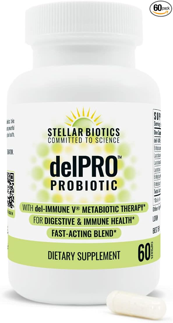 Stellar Biotics - Delpro Probiotic (+ Del-Immune V &amp Prebiotic Blend) Promotes Optimal Gut Health Digestion Immune Support &amp Mood (60 Capsules)
