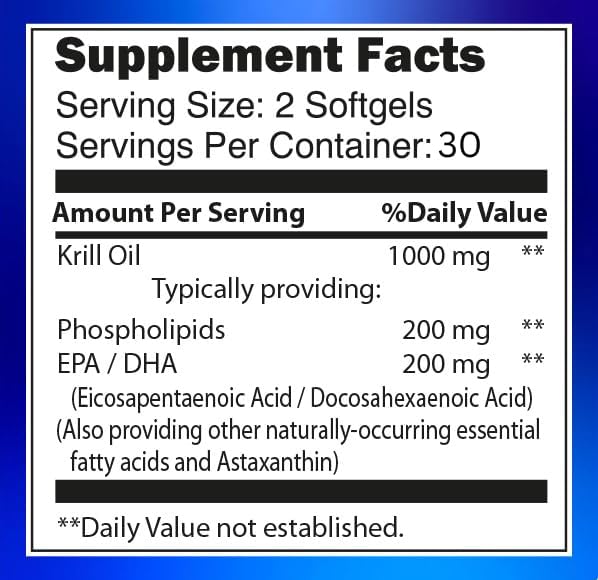 Antarctic Krill Oil 1000mg Softgels with Astaxanthin – Omega-3 EPA &amp DHA Supplement for Heart Brain and Joint Health in Form of Phospholipids– 60 Vanilla-Flavored Softgels