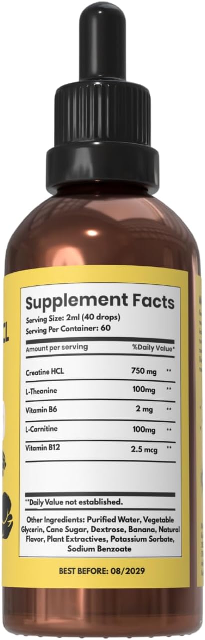 Creatine HCL Liquid Drops for Men &amp Women - 2 ml Per Serving L-Theanine Vitamin B12 &amp B6 L-Carnitine - High Absorption 4 Fl Oz (120ml) (4 FL OZ Banana Cream)