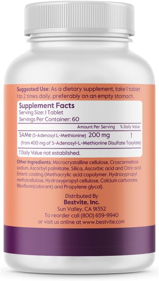 BESTVITE SAM-e 200mg (120 Tablets)(60 x 2) Premium Ingredient from Italy