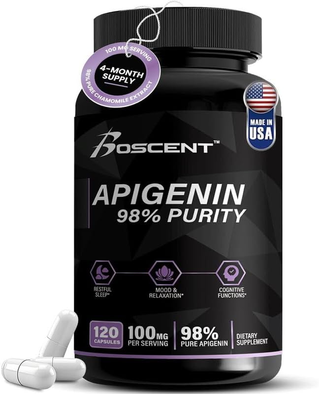 Apigenin Supplement 100mg from Chamomile Extract 120 Count - 98% purity- Apigenin Supplement for Sleep Mood Cognition Prostate health - Excellent sleep aid Non-GMO No Fillers - 4-Month Supply
