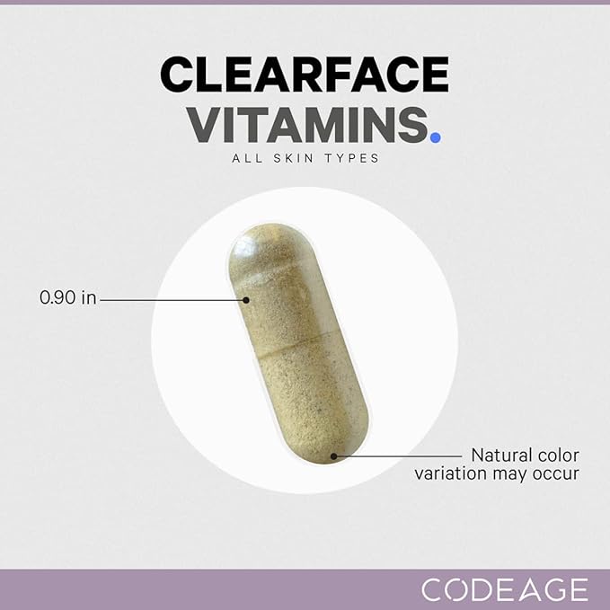 Codeage Clearface Pantothenic Acid Niacin Supplement Vitamins A C D3 E Probiotics Zinc Riboflavin Thiamin L-Lysine HCL &amp Omega-3 Niacinamide Skin Botanical Blend - Non-GMO - 90 Capsule
