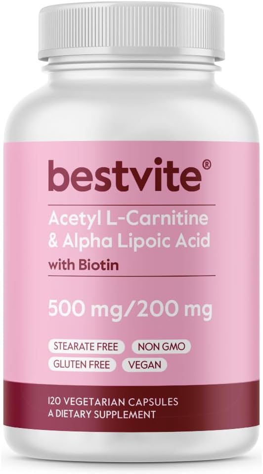 BESTVITE Acetyl L-Carnitine 500mg &amp Alpha Lipoic Acid 200mg per Capsule with Biotin (120 Vegetarian Capsules) - No Stearates - Vegan - Non GMO - Gluten Free