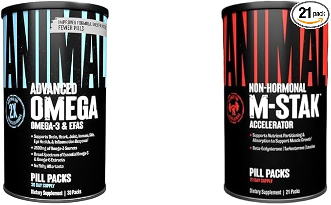 Animal Omega Omega 3 &amp 6 Supplement 30 Day Pack M-Stak Non-Hormonal Hard Gainers Muscle Building Stack 21 Count